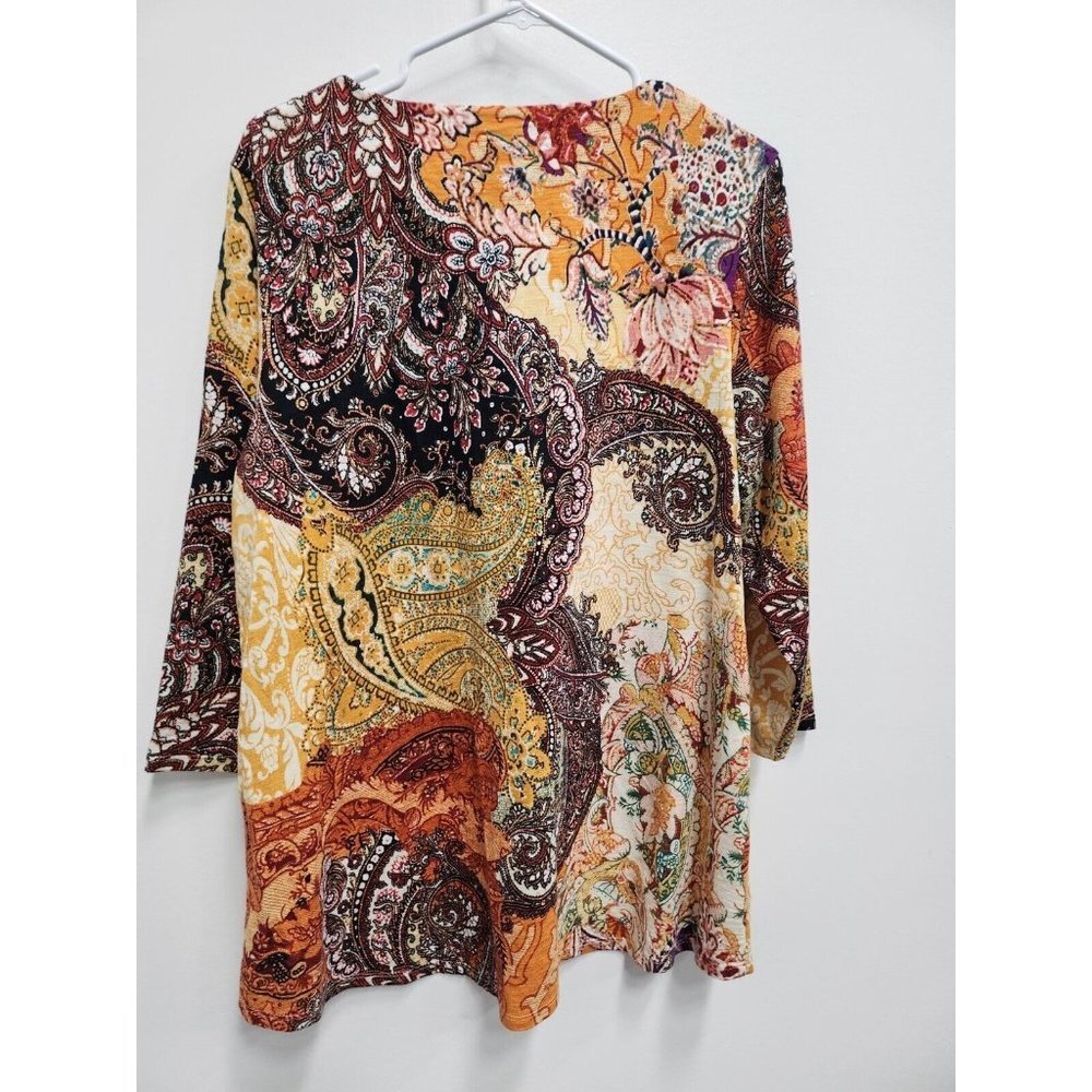 Chicos Womens Floral 3/4 Sleeve Top Size Large Orange Yellow Hi Low V-Neck - Picture 5 of 6